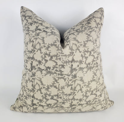 Grey block print pillow, block print grey floral pillow, block print cushion, neutral throw pillow, designer pillow