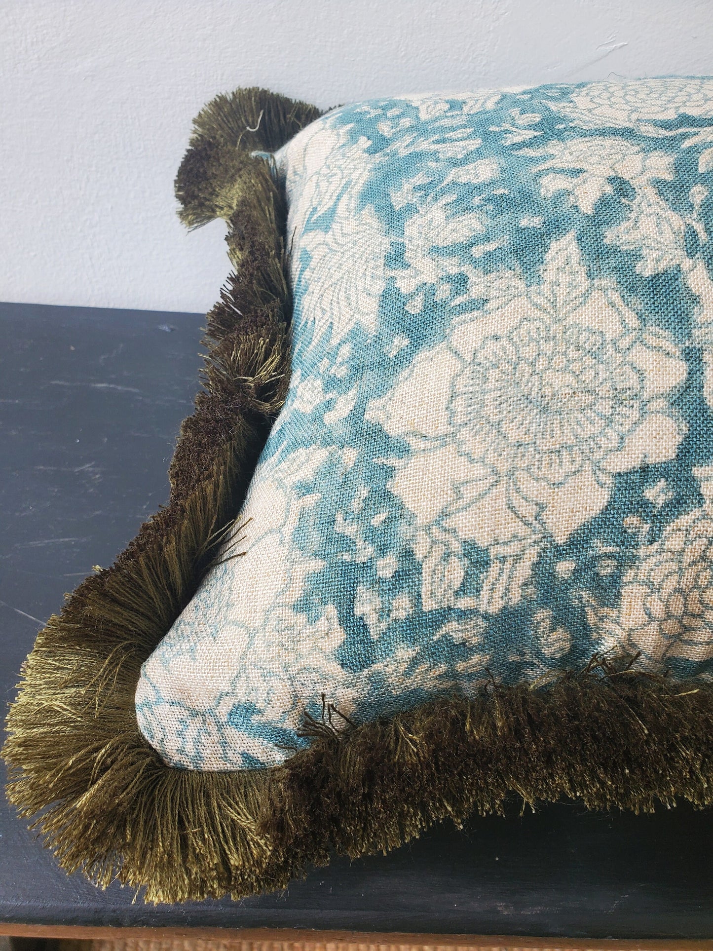 Blue block print pillow, blue and green pillow, blue floral pillow, blue block print cushion, Indian fabric, blue fringe pillow