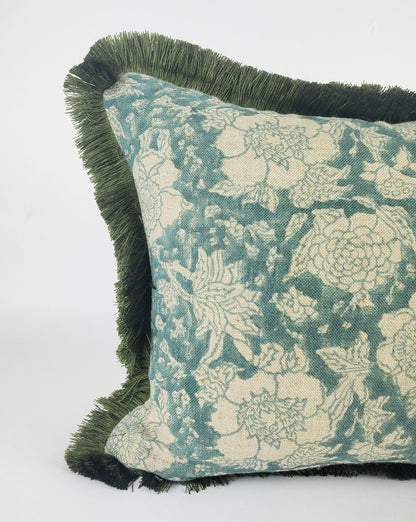 Blue block print pillow, blue and green pillow, blue floral pillow, blue block print cushion, Indian fabric, blue fringe pillow