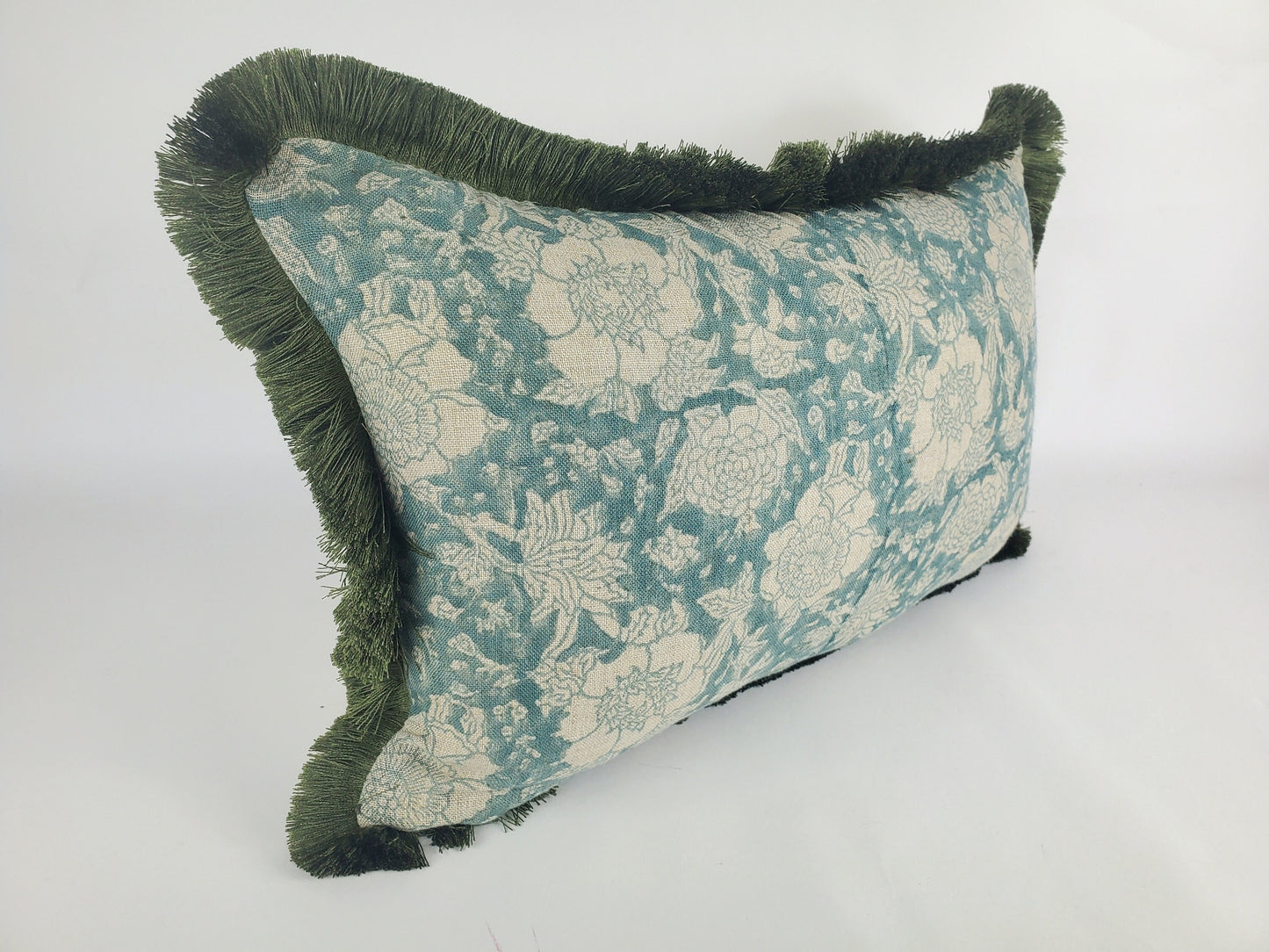 Blue block print pillow, blue and green pillow, blue floral pillow, blue block print cushion, Indian fabric, blue fringe pillow