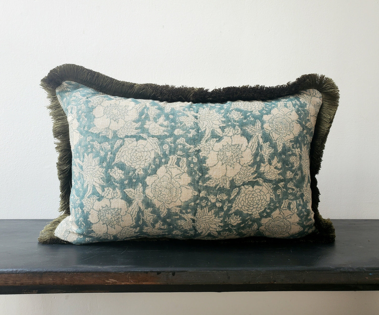 Blue block print pillow, blue and green pillow, blue floral pillow, blue block print cushion, Indian fabric, blue fringe pillow