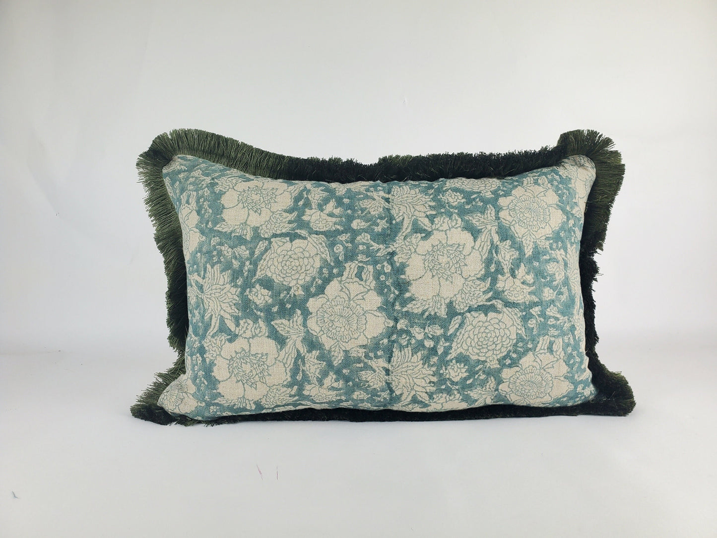 Blue block print pillow, blue and green pillow, blue floral pillow, blue block print cushion, Indian fabric, blue fringe pillow