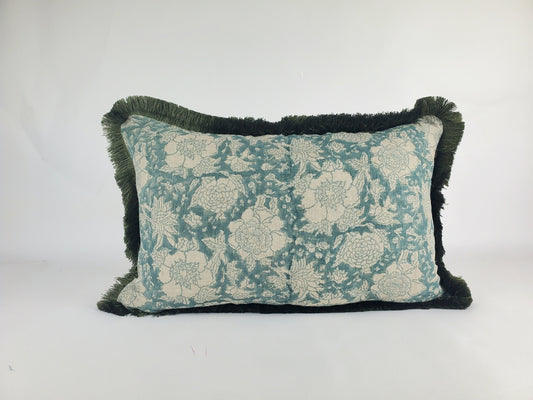 Blue block print pillow, blue and green pillow, blue floral pillow, blue block print cushion, Indian fabric, blue fringe pillow