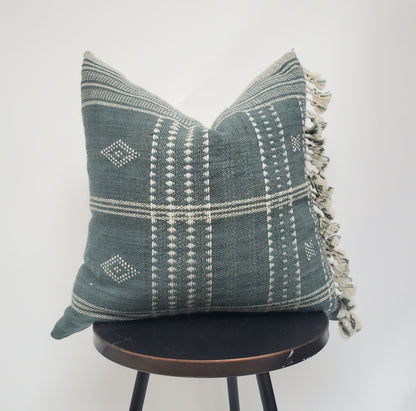 Long lumbar pillow, Bhujodi pillow,  blue grey bhujodi cushion, Indian wool pillow, woven wool cushion