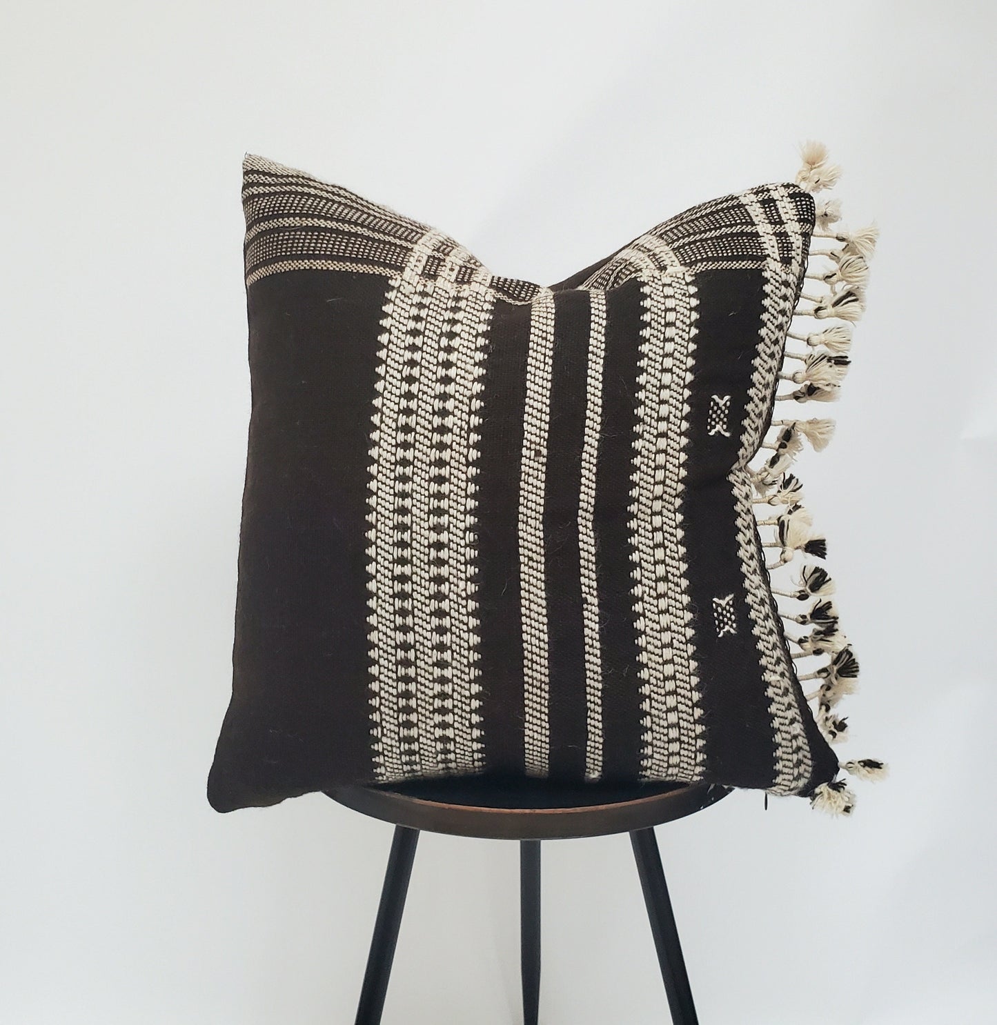 Bhujodi pillow, black brown bhujodi cushion, Indian wool pillow, woven wool cushion