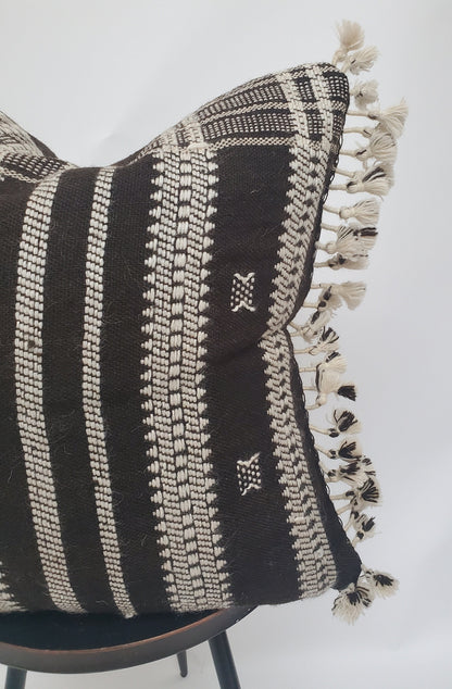 Bhujodi pillow, black brown bhujodi cushion, Indian wool pillow, woven wool cushion
