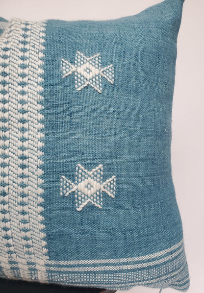Bhujodi pillow, blue bhujodi cushion, Indian wool pillow, woven wool cushion
