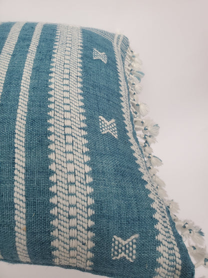Bhujodi pillow, blue bhujodi cushion, Indian wool pillow, woven wool cushion