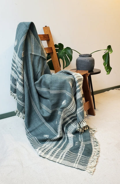 Bhujodi throw blanket, grey bhujodi blanket, Indian wool throw, woven wool throw blanket