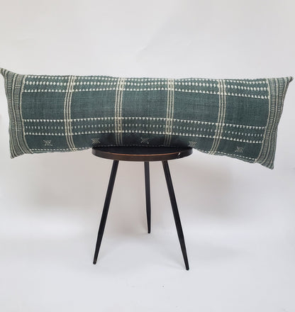 Long lumbar pillow, Bhujodi pillow,  blue grey bhujodi cushion, Indian wool pillow, woven wool cushion