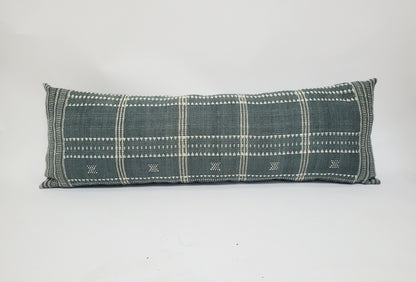 Long lumbar pillow, Bhujodi pillow,  blue grey bhujodi cushion, Indian wool pillow, woven wool cushion