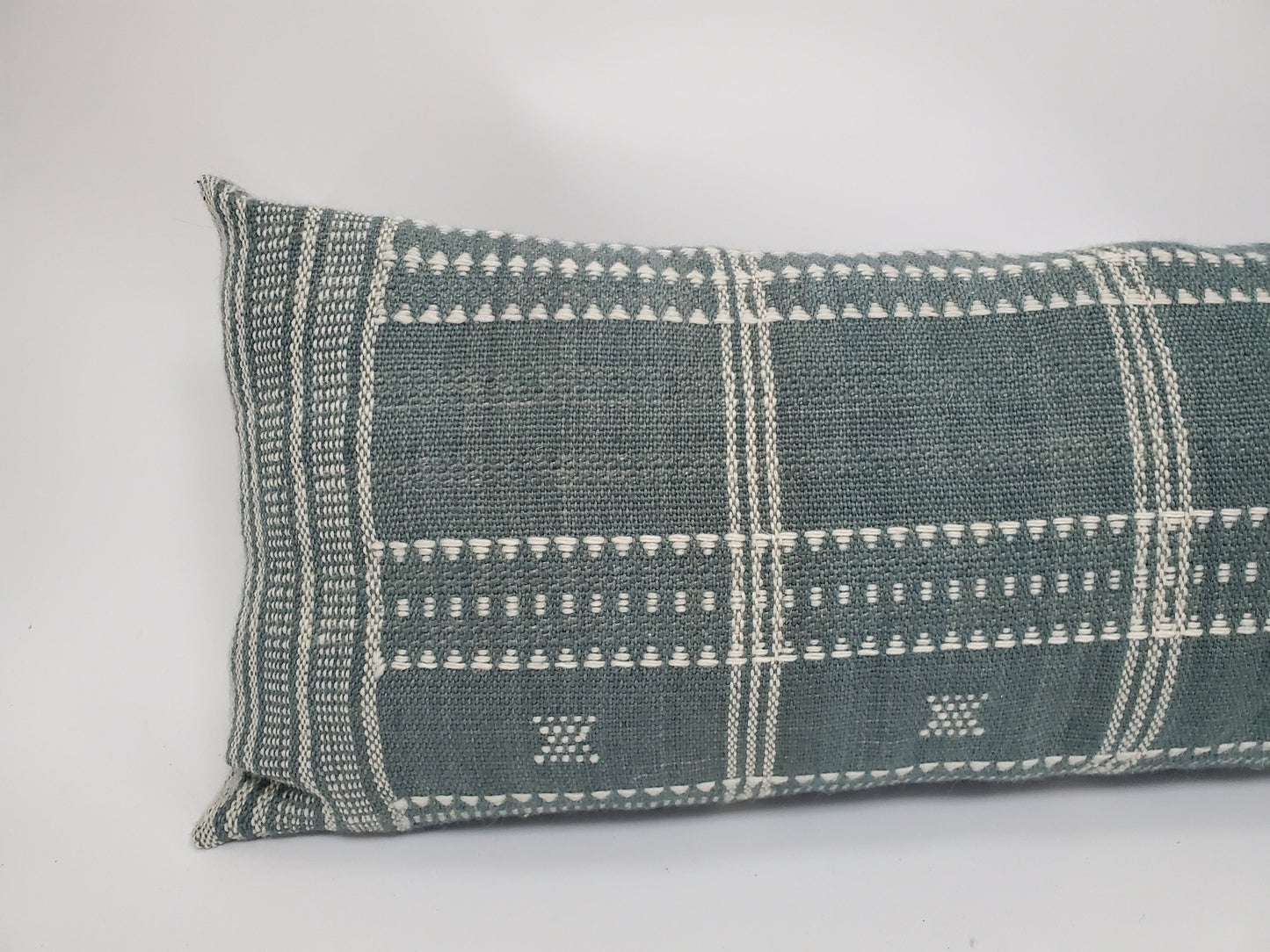 Long lumbar pillow, Bhujodi pillow,  blue grey bhujodi cushion, Indian wool pillow, woven wool cushion