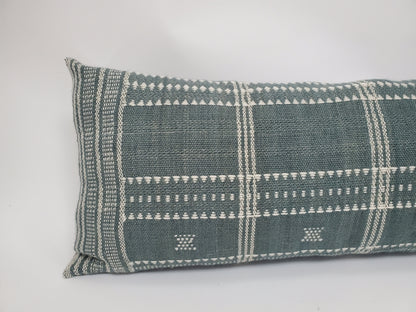 Long lumbar pillow, Bhujodi pillow,  blue grey bhujodi cushion, Indian wool pillow, woven wool cushion