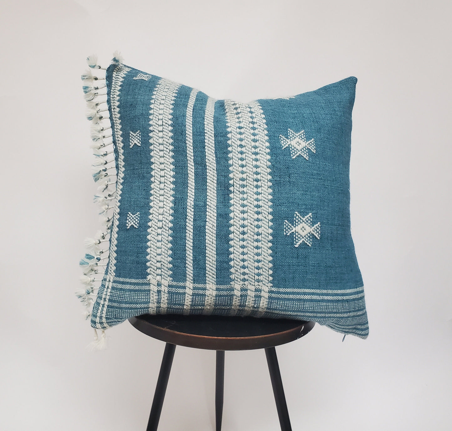 Bhujodi pillow, blue bhujodi cushion, Indian wool pillow, woven wool cushion