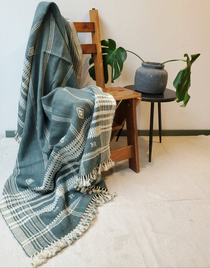 Bhujodi throw blanket, grey bhujodi blanket, Indian wool throw, woven wool throw blanket