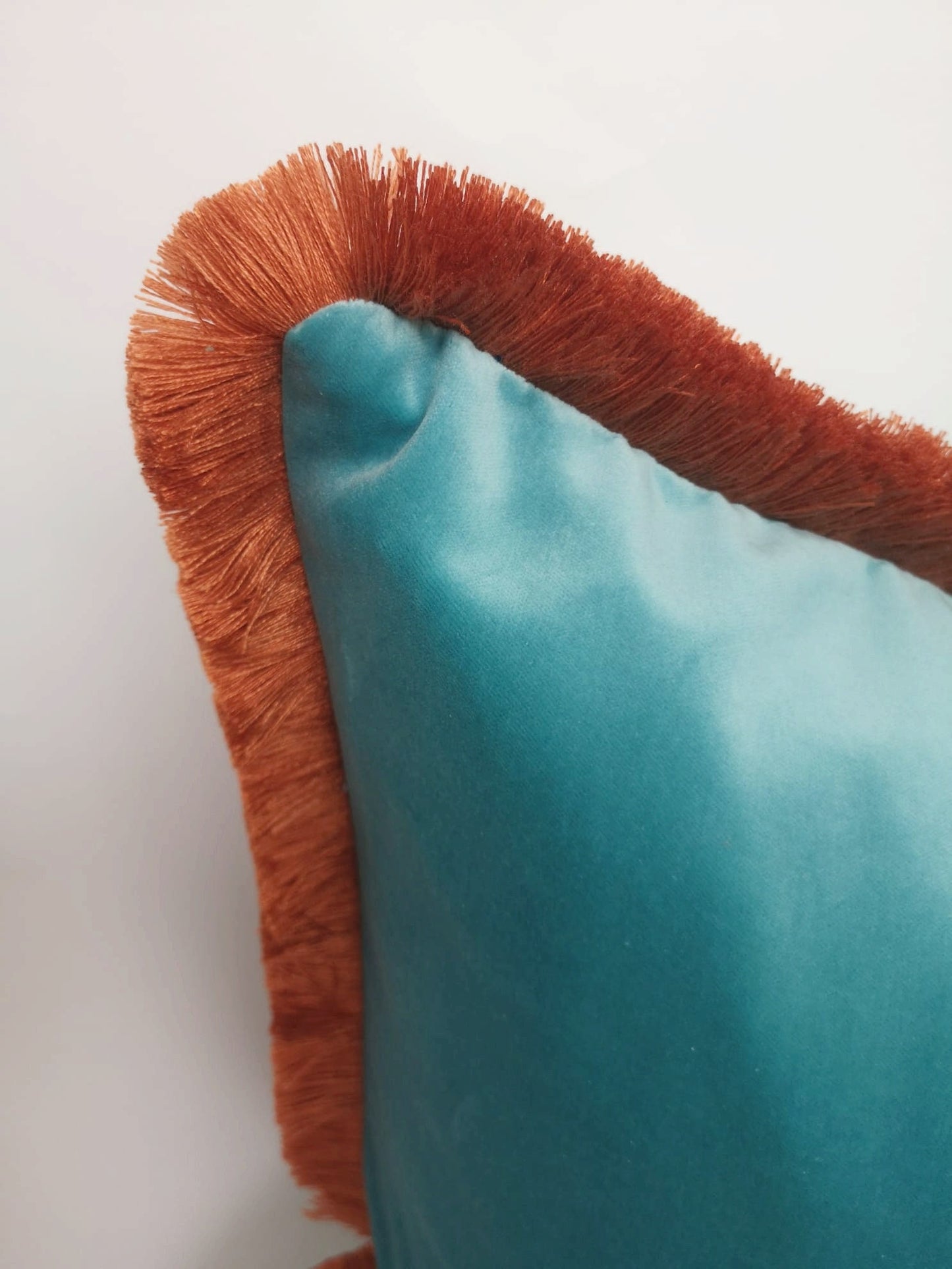 Aqua and coral fringe pillow, aqua with orange fringe pillow, aqua and coral pillow