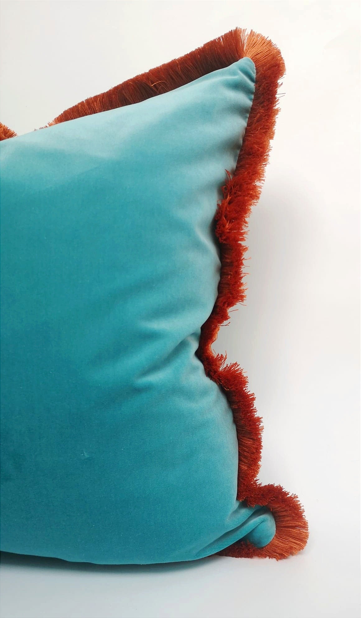 Aqua and coral fringe pillow, aqua with orange fringe pillow, aqua and coral pillow