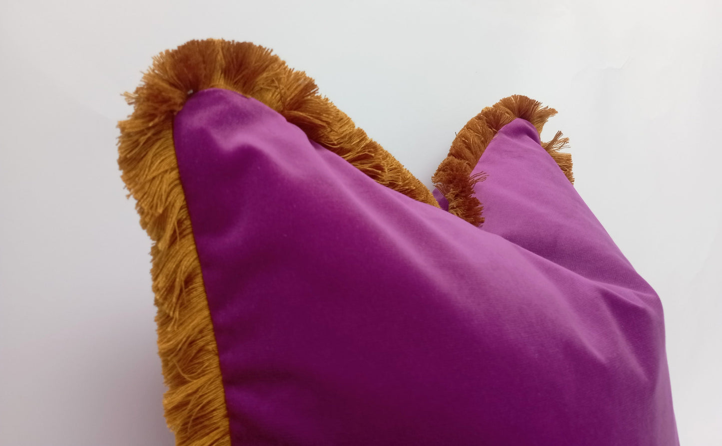 Purple velvet and mustard fringe pillow, pink orchid velvet pillow, purple fringe cushion, orchid velvet cushion