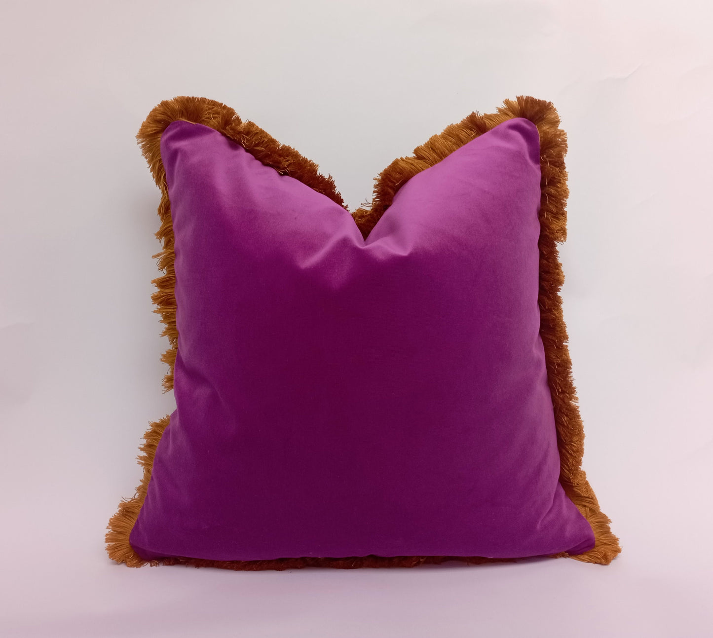 Purple velvet and mustard fringe pillow, pink orchid velvet pillow, purple fringe cushion, orchid velvet cushion