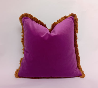 Purple velvet and mustard fringe pillow, pink orchid velvet pillow, purple fringe cushion, orchid velvet cushion