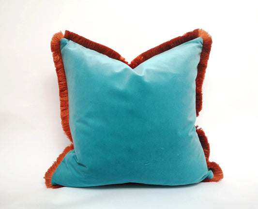 Aqua and coral fringe pillow, aqua with orange fringe pillow, aqua and coral pillow