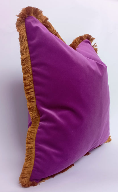 Purple velvet and mustard fringe pillow, pink orchid velvet pillow, purple fringe cushion, orchid velvet cushion