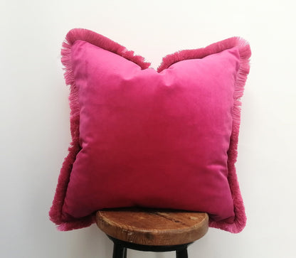 Hot pink velvet fringe pillow // bright pink velvet cushion // pink velvet fringe pillow cushion