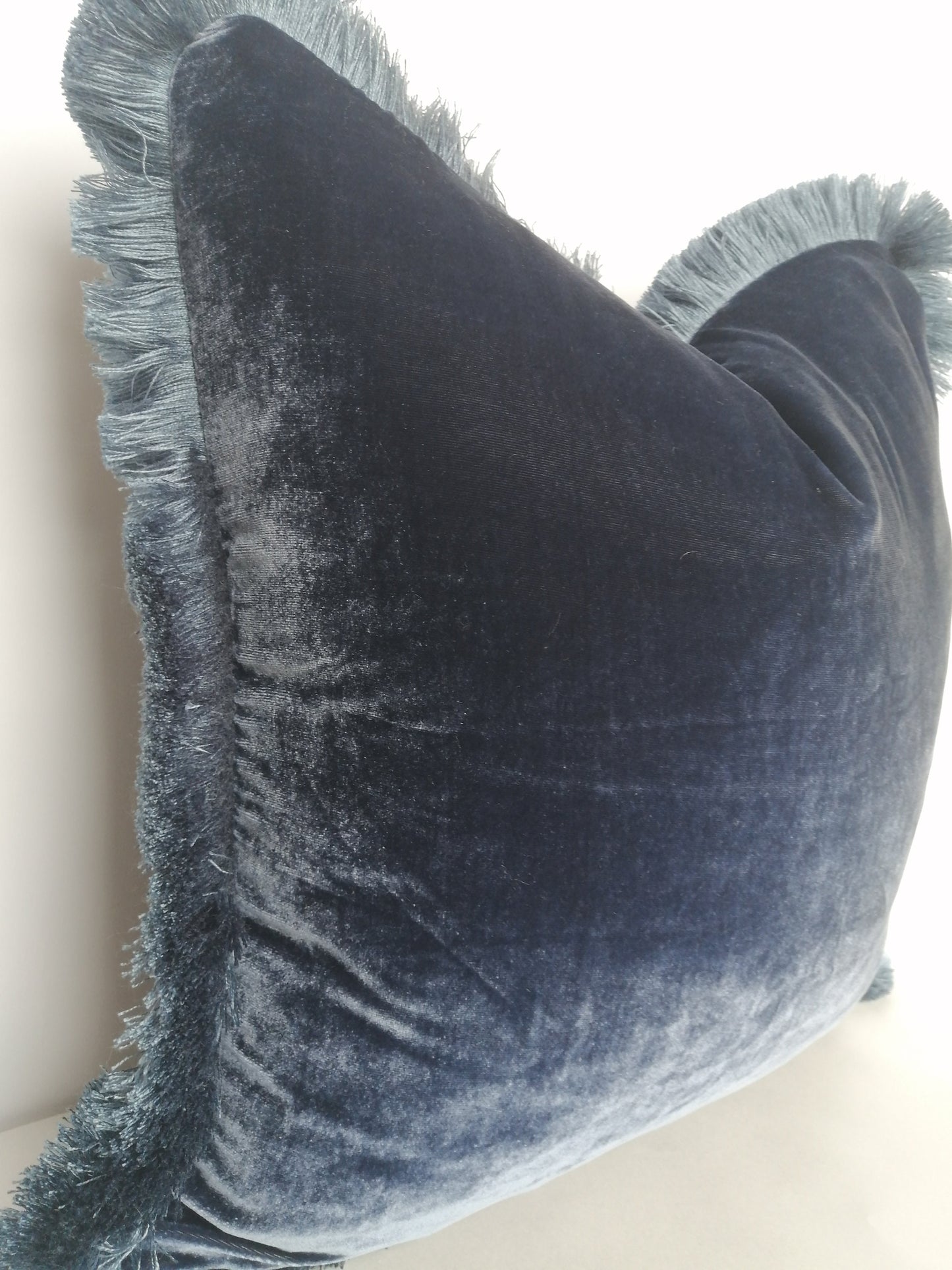 Midnight blue silk velvet pillow // dark blue silk velvet pillow // navy blue fringe cushion