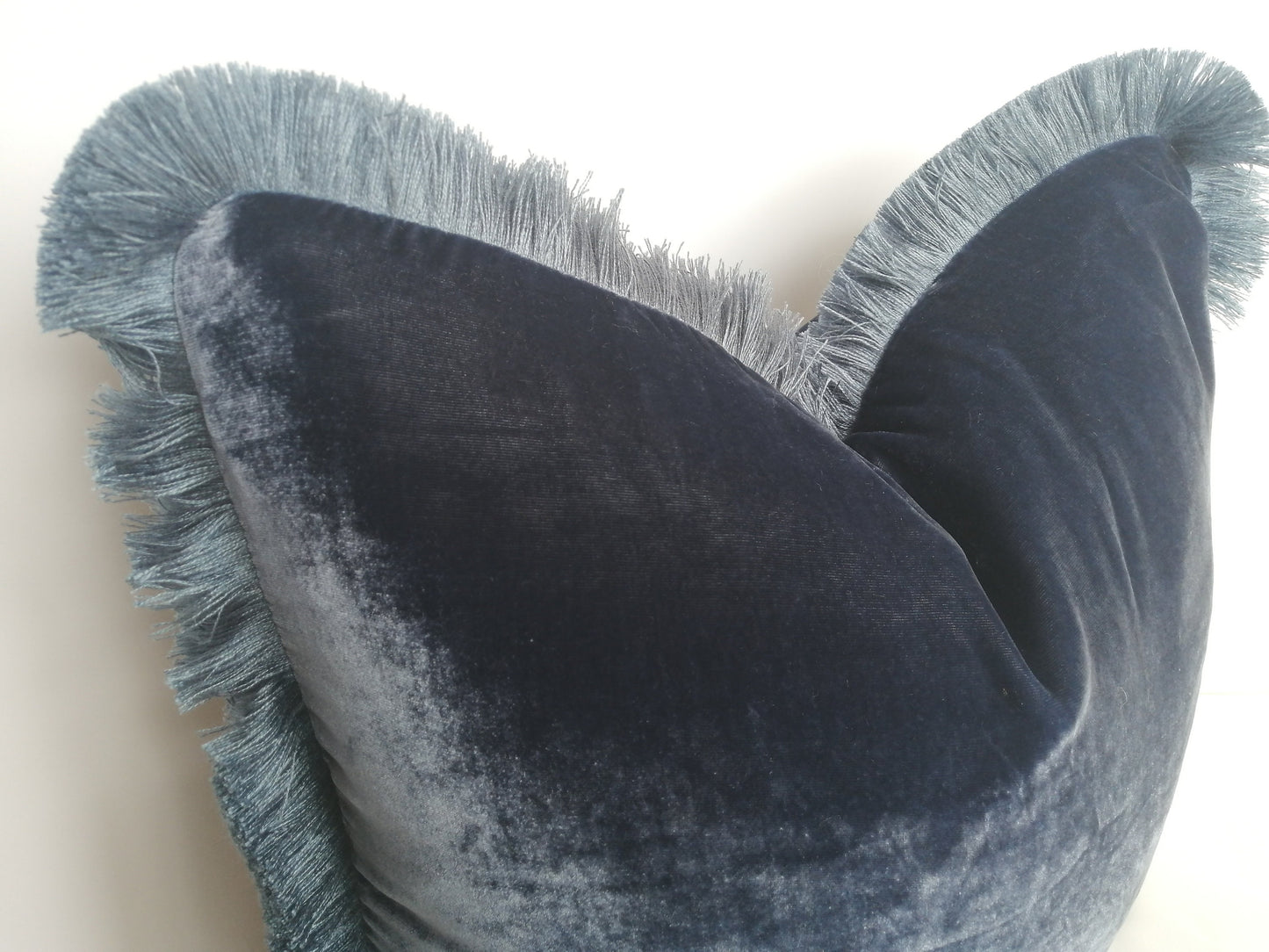 Midnight blue silk velvet pillow // dark blue silk velvet pillow // navy blue fringe cushion