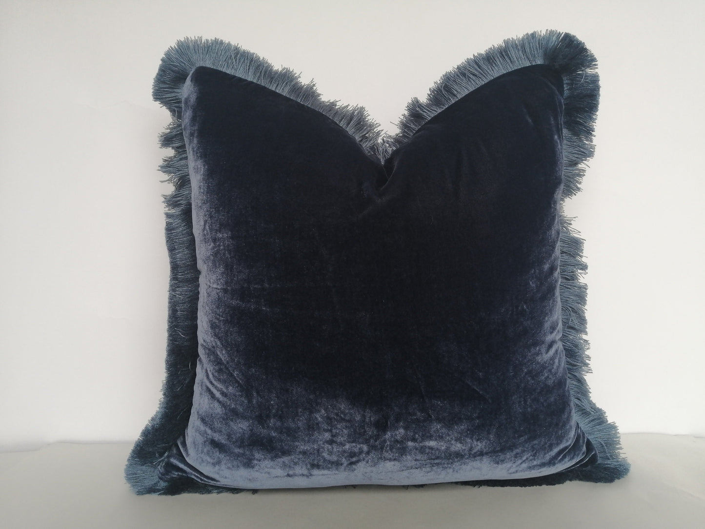 Midnight blue silk velvet pillow // dark blue silk velvet pillow // navy blue fringe cushion
