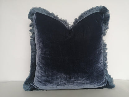 Midnight blue silk velvet pillow // dark blue silk velvet pillow // navy blue fringe cushion