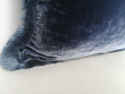 Midnight blue silk velvet pillow // dark blue silk velvet pillow // navy blue fringe cushion
