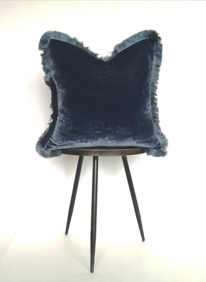 Midnight blue silk velvet pillow // dark blue silk velvet pillow // navy blue fringe cushion