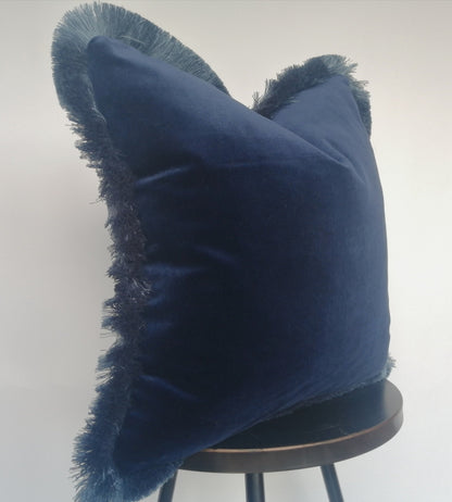 Midnight blue brush fringe pillow // midnight blue velvet pillow // velvet fringed cushion