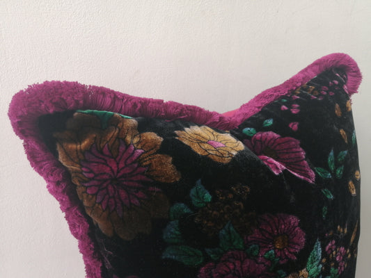 Black floral silk velvet pillow // black silk velvet cushion // floral velvet fringe pillow cushiom