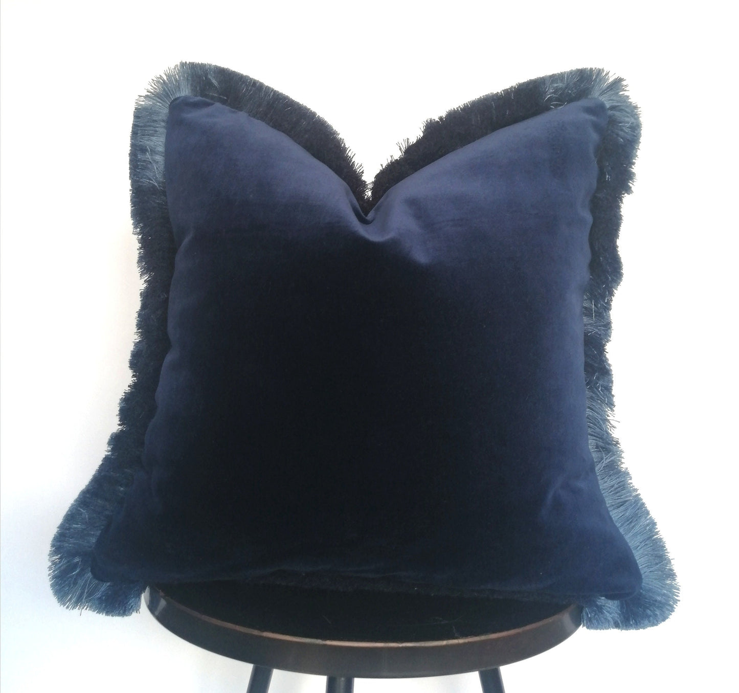 Midnight blue brush fringe pillow // midnight blue velvet pillow // velvet fringed cushion