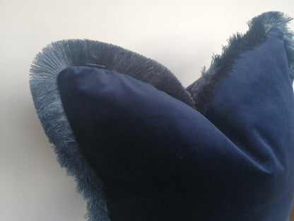 Midnight blue brush fringe pillow // midnight blue velvet pillow // velvet fringed cushion