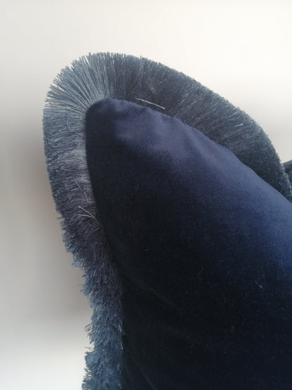 Midnight blue brush fringe pillow // midnight blue velvet pillow // velvet fringed cushion
