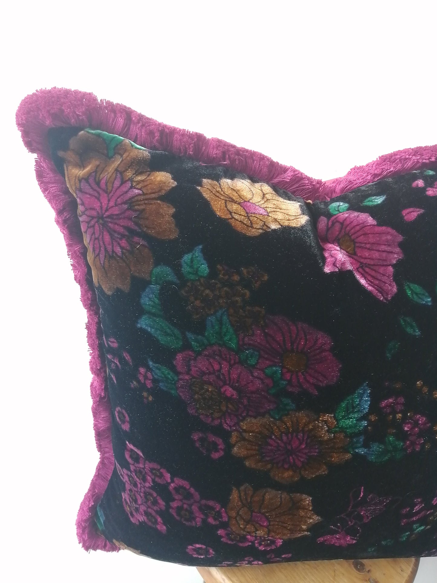 Black floral silk velvet pillow // black silk velvet cushion // floral velvet fringe pillow cushiom